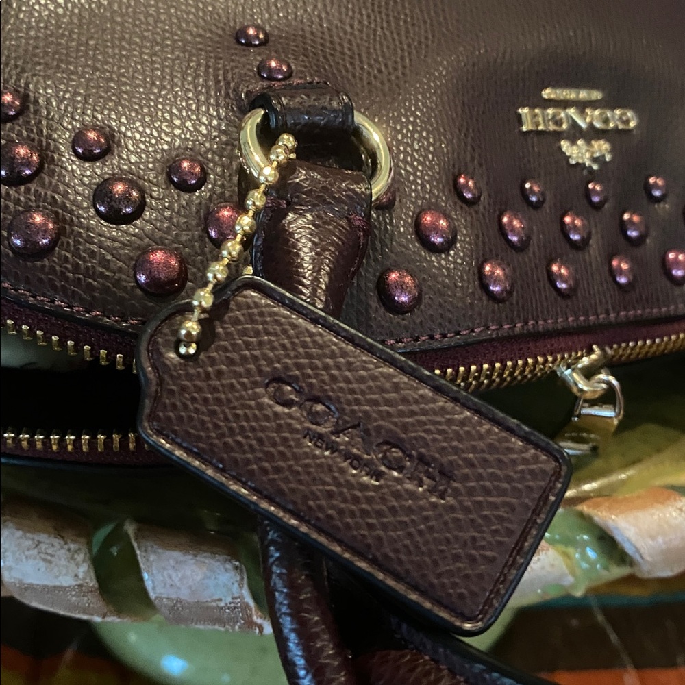 Coach Cora Domed Satchel with Border Studs in Burgundy Crossgrain Leather - Picture 11 of 13